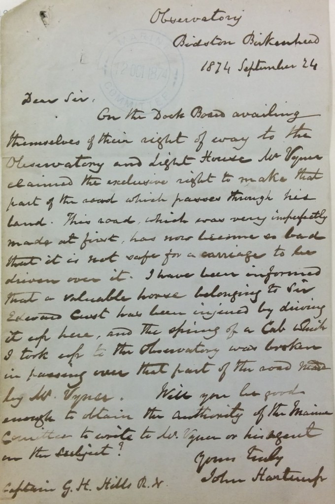 Letter from John Hartnup, Directory of Bidston Observatory, complaining about the state of the road
