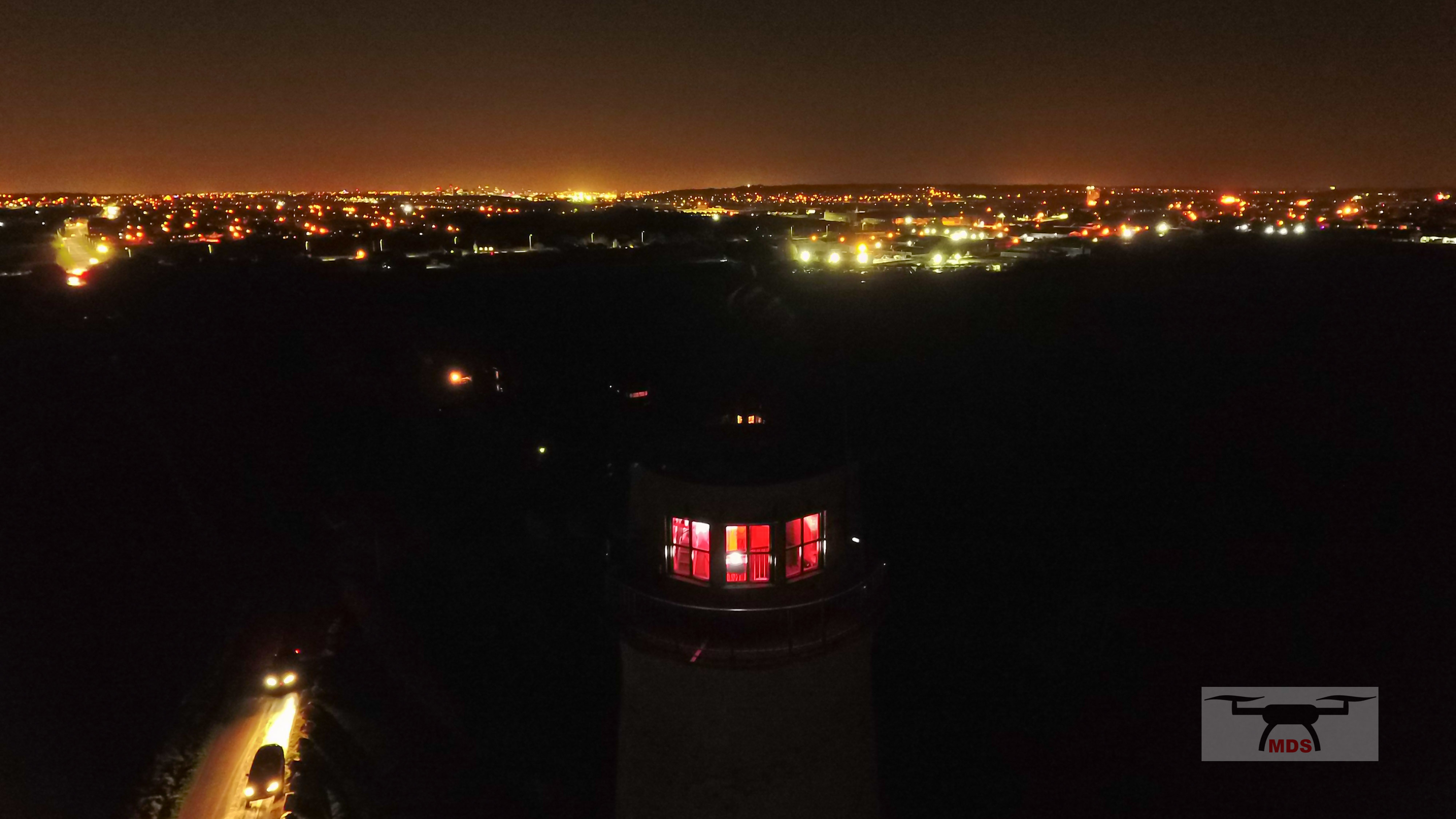 Leasowe Lighthouse lit, aerial view by Merseyside Drone Services.